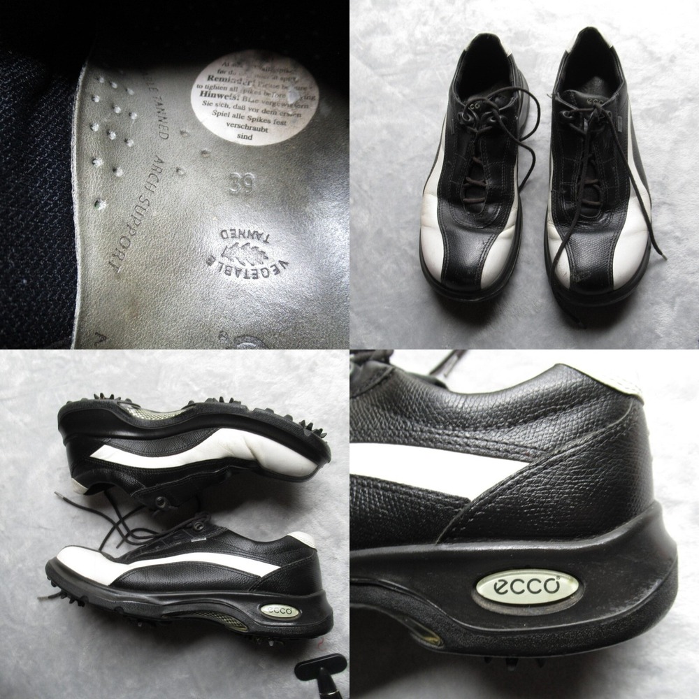 Ecco GoreTex Golf Shoes Women 8.5 Black White Spike Leather Lace Up Arc Support